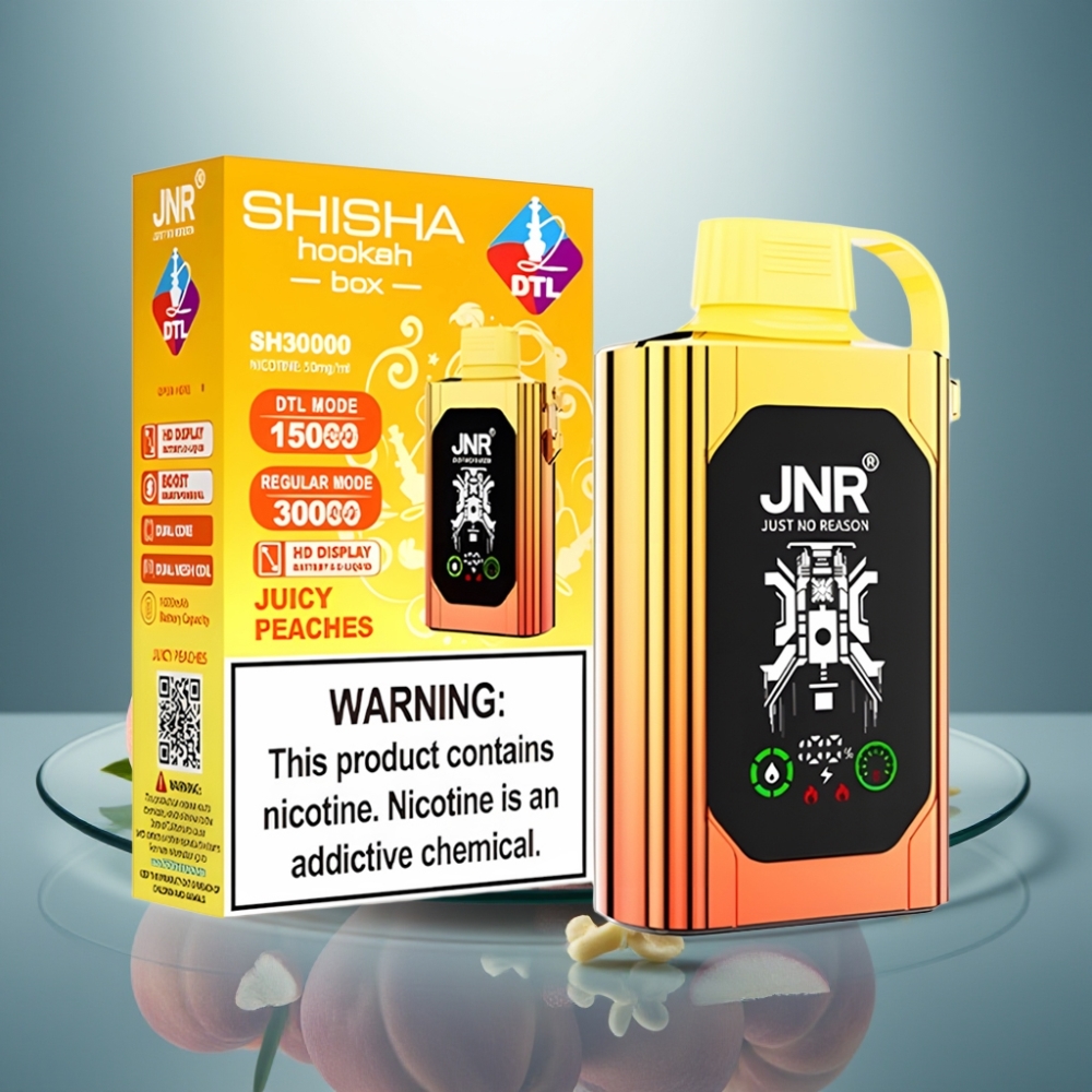 JNR Shisha Hookah Box 20500 Puffs Juicy Peaches HD Display 25ml Dual Mesh Coil
